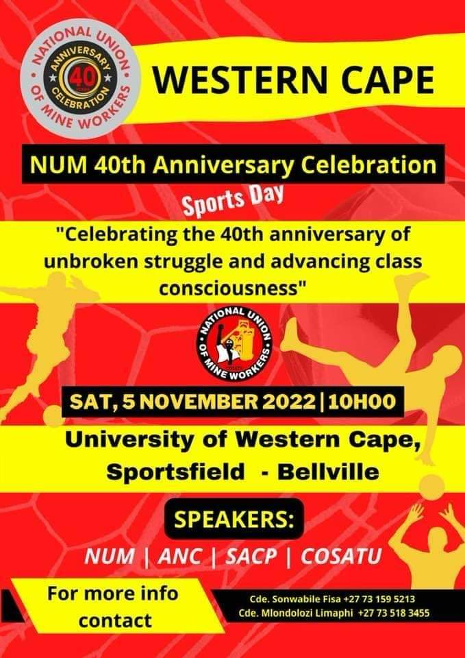 _cosatu's tweet photo. #NUM Western Cape Region scheduled to celebrate the 40th Anniversary of unbroken #ClassStruggle and advancing #WorkingClassConsciousness at Belleville on the 5th November #HappyBirthdayNUM @CapeTalk @Newzroom405 @eNCA @Radio2000_ZA @AviweMtila @govanwhittles https://t.co/TPsNwM1PYP