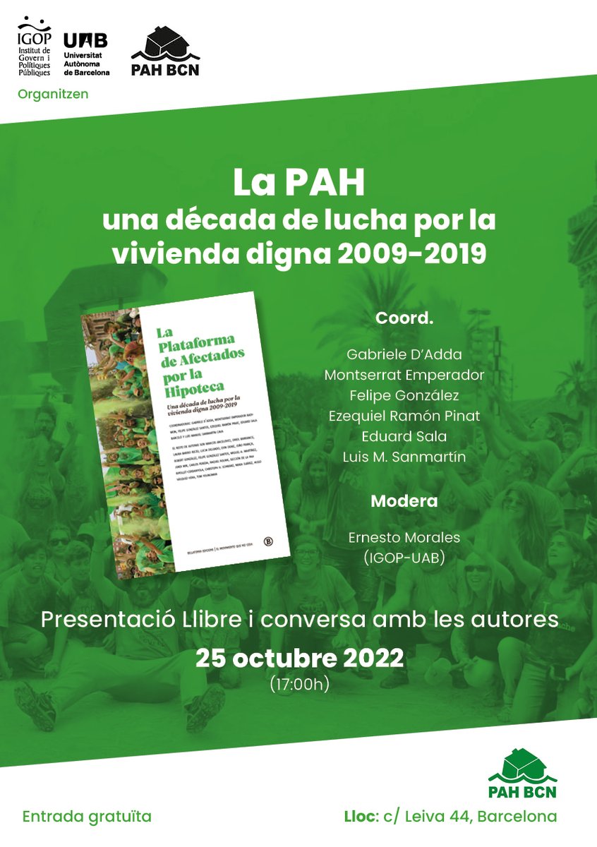 Martes a las 17, en c. Leiva 44, Barcelona, estaremos con @gabdadda y Luis Sanmartín hablando del libro y de la vivienda organizado por <a href="/LA_PAH/">Plataforma de Afectadas por la Hipoteca</a> <a href="/PAH_BCN/">PAH Barcelona</a> e IGOP-UAB. ¡Allí estaremos!