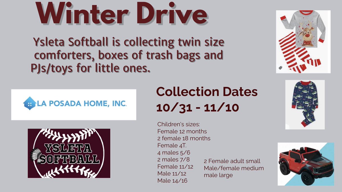 <a href="/ysleta_softball/">YHS Softball EP</a> We will be collecting for La Posada Home this winter. They are in need of trash bags, twin comforter, and pajamas. Contact sthomas4@yisd.net to donate.<a href="/YsletaHS/">Ysleta HS</a> <a href="/YsletaSports/">Ysleta HS Athletics</a>