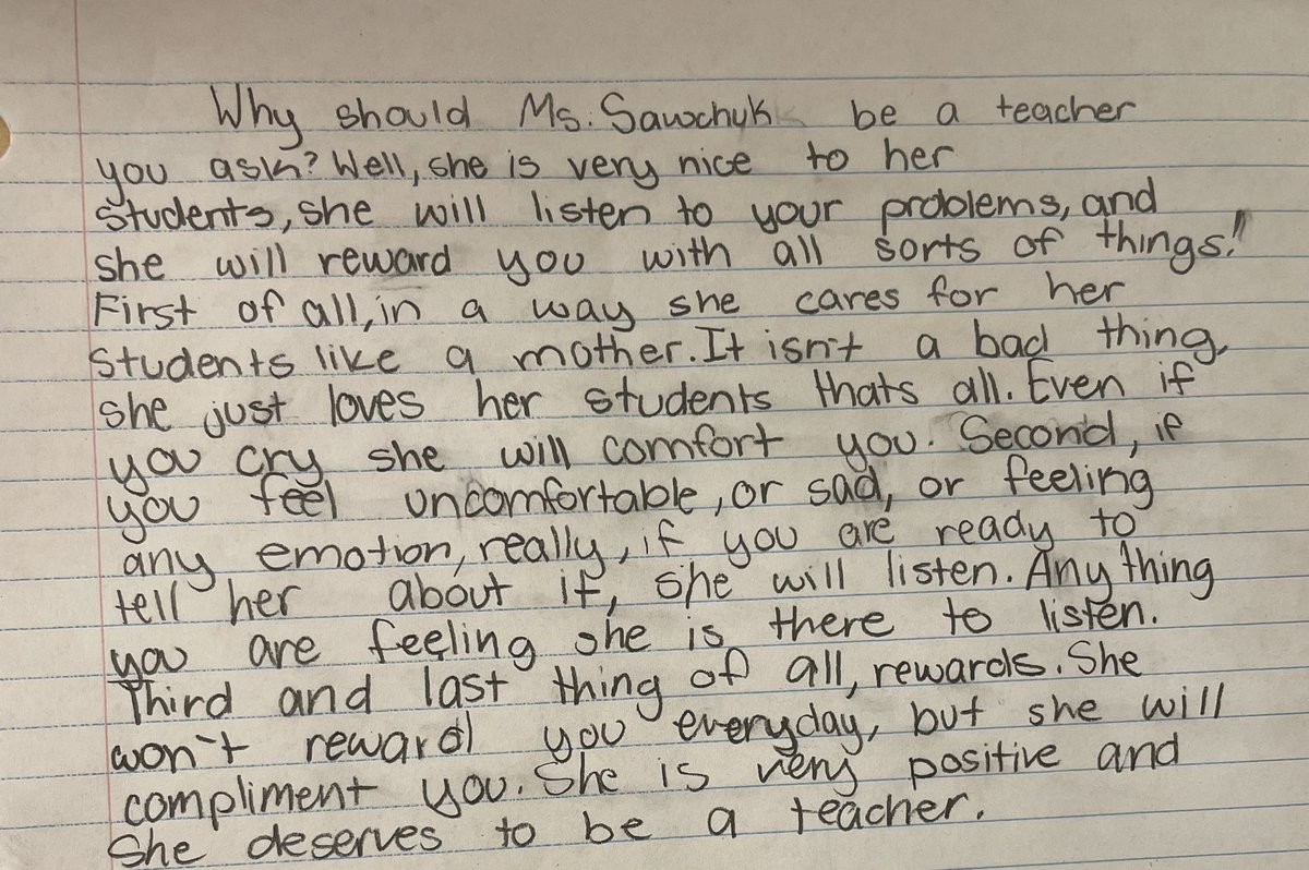 aver131's tweet photo. I had my students practice persuasive writing today by writing to @UofRegina to persuade them to let Miss Sawchuk graduate. My heart is melted into a puddle after reading their responses. Lesson of the day: sometimes the smallest things you do take up the most room in other’s ❤️s https://t.co/GqWD0LvkOu