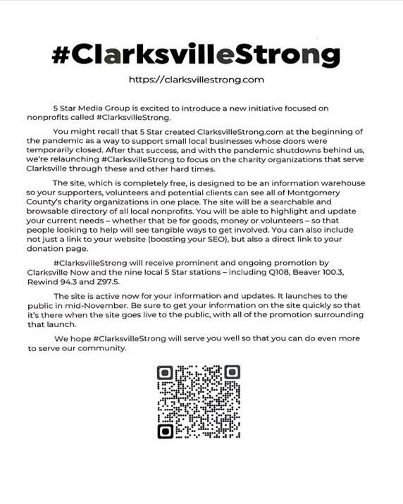 Leadership Clarksville (@leadershipclar1) on Twitter photo Last week, at the MoCo Non-Profit Alliance luncheon, Chris Smith from 5Star Media stopped by to tell the group of Non-profit leaders about the return of #clarksvillestrong.  It will be a game changer for our community! Last week, at the MoCo Non-Profit Alliance luncheon, Chris Smith from 5Star Media stopped by to tell the group of Non-profit leaders about the return of #clarksvillestrong.  It will be a game changer for our community!