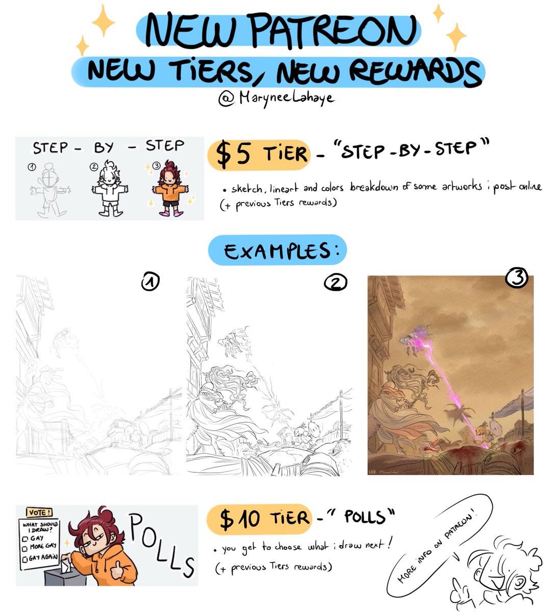 MaryneeLahaye's tweet photo. ✨ PATREON REOPENING ✨
The new Tiers and Rewards are now available! 😊 I'm really excited to make this a space where I can connect &amp; talk w/ you all more easily, and provide you w/ fun &amp; new artworks! 🧡 For more information &amp; to access my Patreon: https://t.co/QS7y1Zyil4 https://t.co/FeAGxJHduj