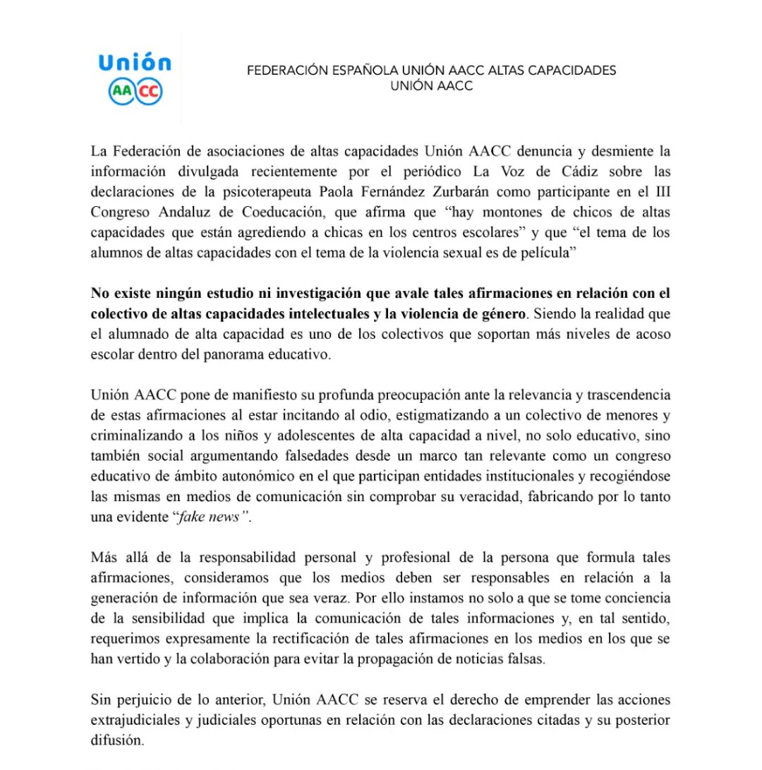 Comunicado conjunto después de las vergonzosas declaraciones sobre los niños con altas capacidades. <a href="/aacc_cantabria/">ACAACI - Altas Capacidades Cantabria</a> <a href="/UnionAACC/">UnionAACC</a> <a href="/ACtuar_AACC/">ACtuar! - Altas Capacidades</a> <a href="/acialbacete/">ACI ALBACETE ALTAS CAPACIDADES</a> <a href="/ASAMalaga/">ASA, Altas Capacidades Málaga</a> <a href="/AsacGalicia/">ASAC Galicia</a> <a href="/ApadacAsturias/">Apadac Asturias</a> <a href="/AS_AMARAC/">AMARAC</a> <a href="/ACYLAC/">ACYLAC</a> <a href="/MarbellaAcm/">ACM MARBELLA y ESTEPONA</a> <a href="/AaccReal/">Zebra AACC Ciudad Real</a> @