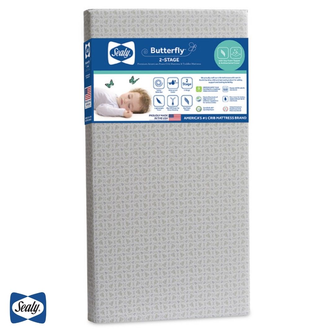 Sealy Butterfly 2-Stage Antibacterial Ultra Firm Crib and Toddler Mattress is designed with a high-density foam side and a comforting soybean memory foam side, all wrapped inside an antibacterial waterproof zippered cover.