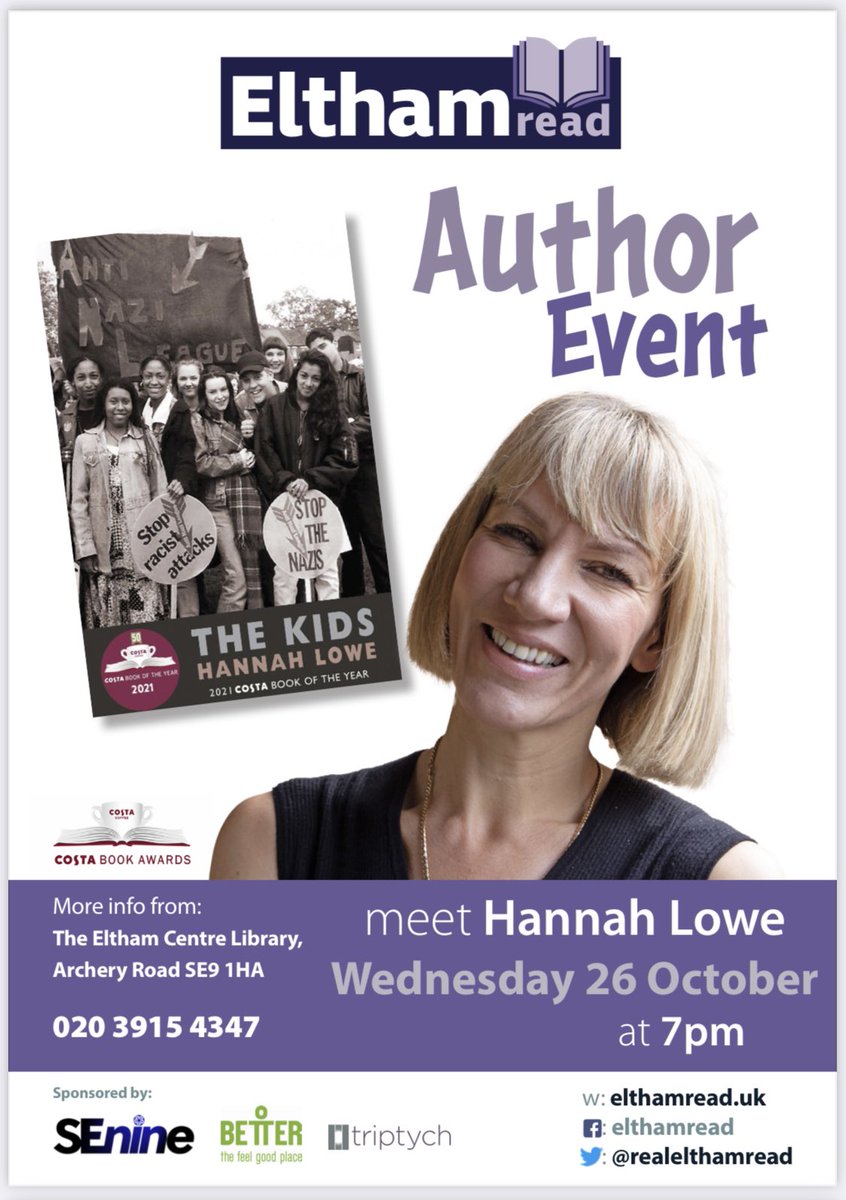 ElthamLibrary's tweet photo. #ElthamRead will be hosting Hannah Lowe this Wednesday 26/10 7pm at Eltham Library. ‘The Kids’won Costa Book of the year 2021 and is this years Elthamread. Join us for this FREE event! 
@hannahlowepoet @greenwichlibs @SEninemag @ThisisEltham @ElthamArts https://t.co/2qiAYm21sD