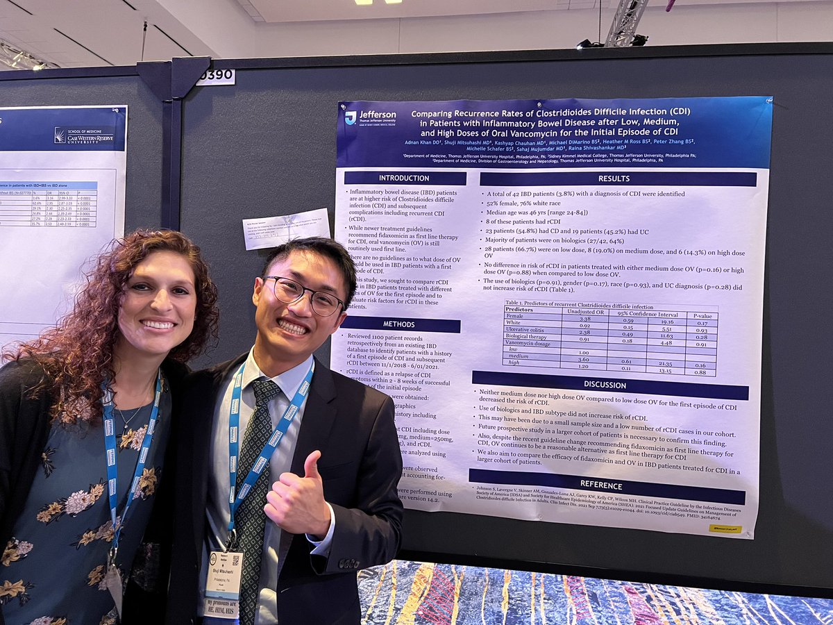 Raina Shivashankar M.D. (@rshivashankarmd) on Twitter photo Shuji Mitsuhashi, fantastic <a href="/TJUHospital/">Jefferson Health</a> resident, presents our work on CDI and IBD
✅ No difference in risk for rCDI in IBD pts tx with med dose (250 mg) and high dose (500mg) versus low dose (125 mg) vanco
✅ biologic use did not increase risk for rCDI
#ACG2022 #ibd Shuji Mitsuhashi, fantastic <a href="/TJUHospital/">Jefferson Health</a> resident, presents our work on CDI and IBD
✅ No difference in risk for rCDI in IBD pts tx with med dose (250 mg) and high dose (500mg) versus low dose (125 mg) vanco
✅ biologic use did not increase risk for rCDI
#ACG2022 #ibd