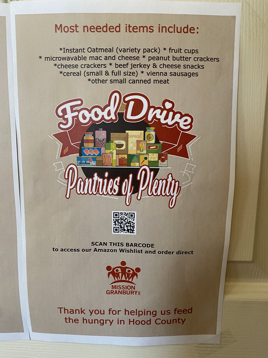 CGranbury's tweet photo. Stop by our shop lobby to donate canned goods for Mission Granbury's Pantries of Plenty Food Drive for the next several weeks. Visit the link below to add items from their Amazon wish list. 
https://t.co/K9lsqGVonm https://t.co/vMLD0xDviH