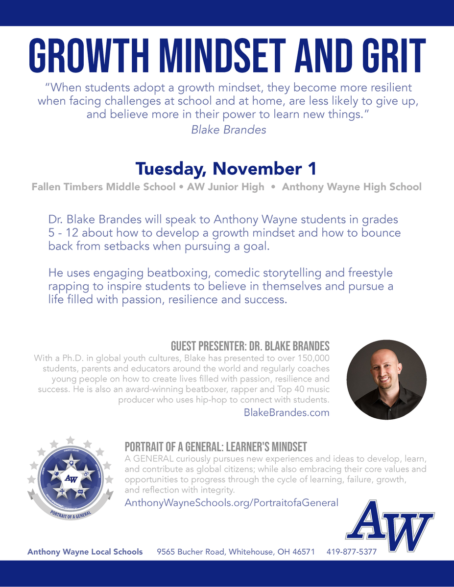 "When students adopt a growth mindset, they become more resilient when facing challenges at school and home, are less likely to give up, and believe more in their power to learn new things."

<a href="/BlakeBrandes/">Blake Brandes</a> will address <a href="/awlshs/">A. W. High School</a> <a href="/AWLSJH/">A. W. Junior High</a> and <a href="/awlsft/">Fallen Timbers M.S.</a> on Nov. 1.

#LearnersMindset