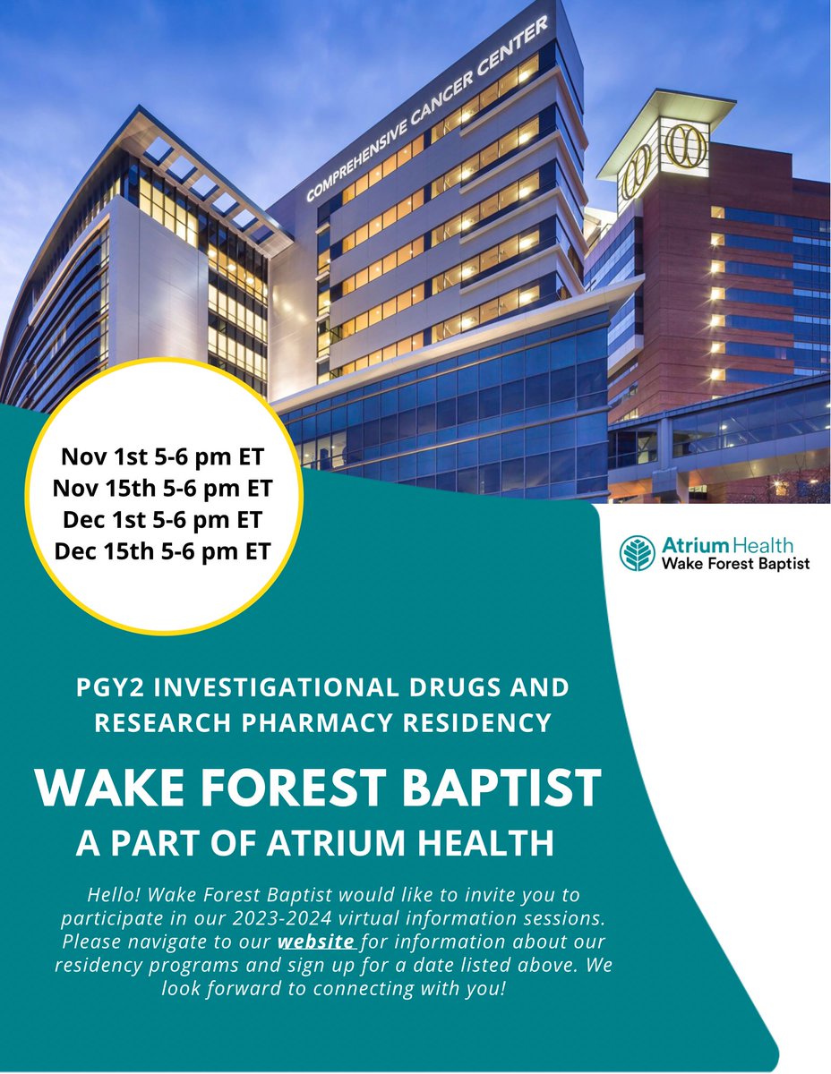 Check out the upcoming dates for our PGY2 Investigational Drugs and Research residency program virtual info sessions! The first session is coming up on Nov 1st and sign ups are available on our website!