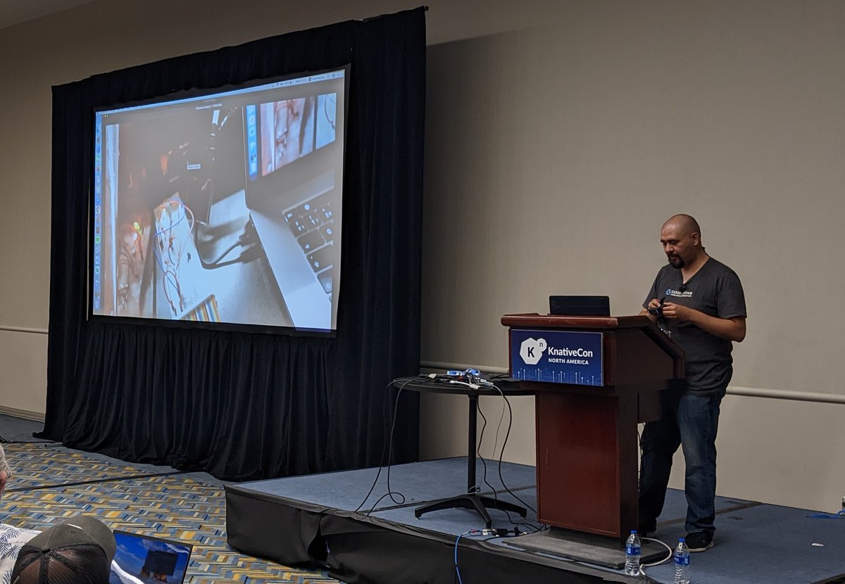 At #knativecon, @sergioarmgpl  is doing a live demo of 'Serverless functions at the edge' with @KnativeProject running on a Raspberry Pi Kubernetes cluster.