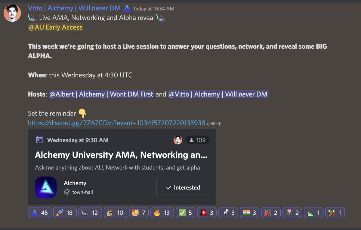 AlchemyLearn's tweet photo. Holders only AMA and Alpha reveal!

This Wednesday at 4:30pm UTC on Discord.

Don't have an Early Access NFT yet?

Tell us why you want to join AU 👇 https://t.co/XxkRZoGq8P