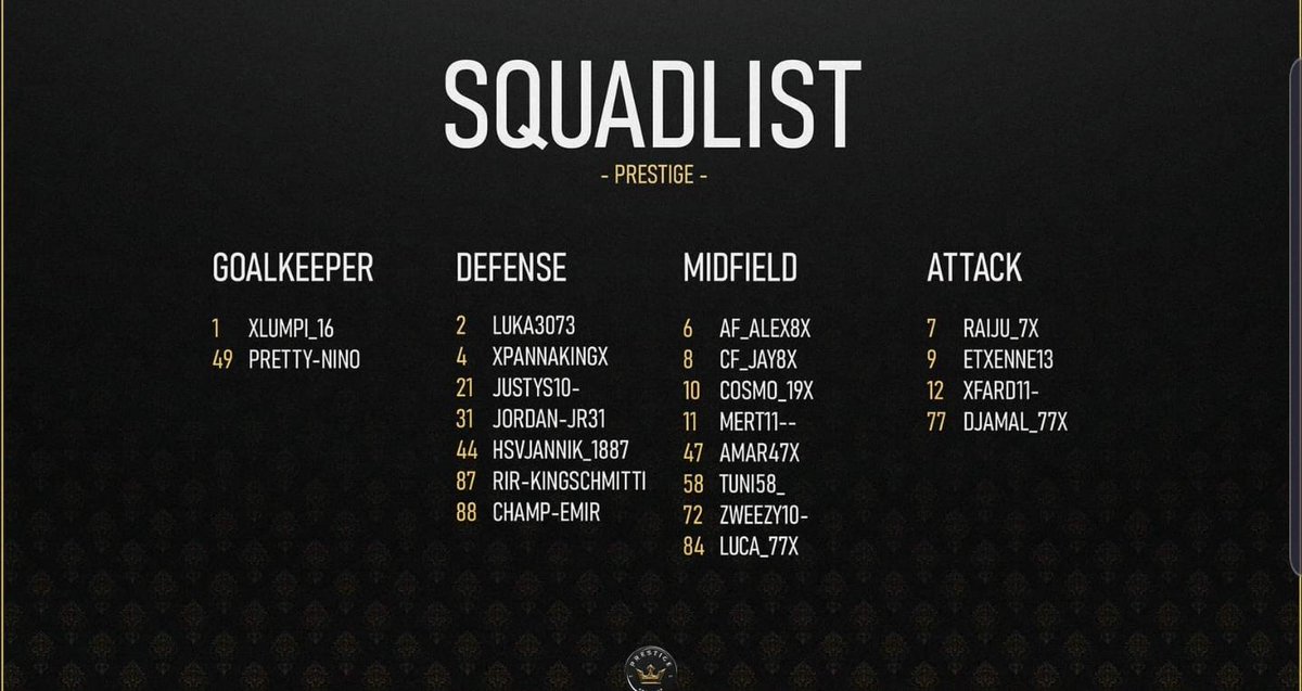 Prestige (@prestigefifax) on Twitter photo ๐ #SQUADLIST ๐
Our final Squad for the upcoming <a href="/VPGPremier/">VPG Esports Premier</a> Season ๐
Lets do this ๐ฅ
<a href="/OfficialVPG/">Virtual Pro Gaming</a>
#Prestige
#crown ๐ #SQUADLIST ๐
Our final Squad for the upcoming <a href="/VPGPremier/">VPG Esports Premier</a> Season ๐
Lets do this ๐ฅ
<a href="/OfficialVPG/">Virtual Pro Gaming</a>
#Prestige
#crown