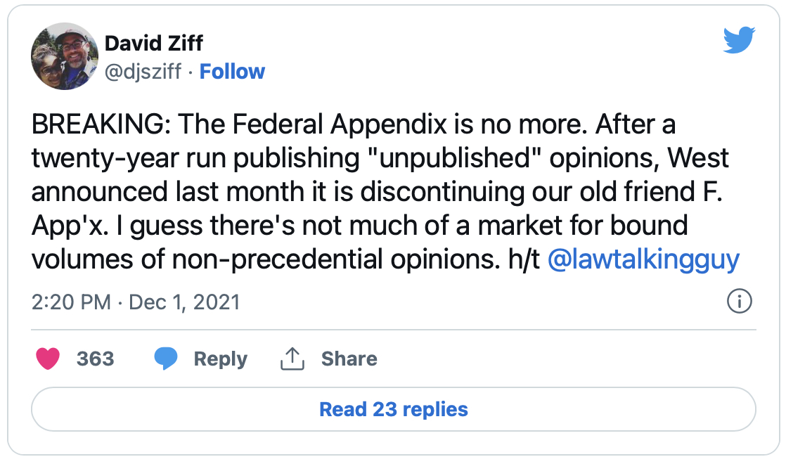 lawlib's tweet photo. Goodbye Federal Appendix. We hardly knew (or needed) you https://t.co/3UfF9wS9zD https://t.co/f3bB1rjfJH