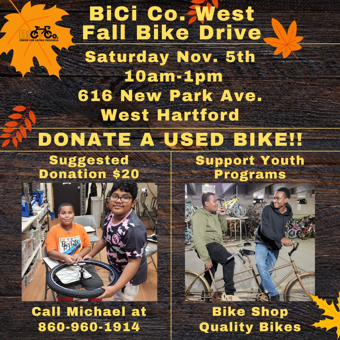 Bike West Hartford (@bikewhartford) on Twitter photo Donate used bikes at <a href="/bici_co/">BiCi Co @ The Center</a> (BiCiCo West location) 616 New Park Ave #WestHartford Sat Nov 5th 10am-1pm. BiCiCo.org accepts bike shop-quality donations in repairable condition, which youth participants learn to “upcycle” for new riders. bikewesthartford.org/donate-used-bi… Donate used bikes at <a href="/bici_co/">BiCi Co @ The Center</a> (BiCiCo West location) 616 New Park Ave #WestHartford Sat Nov 5th 10am-1pm. BiCiCo.org accepts bike shop-quality donations in repairable condition, which youth participants learn to “upcycle” for new riders. bikewesthartford.org/donate-used-bi…
