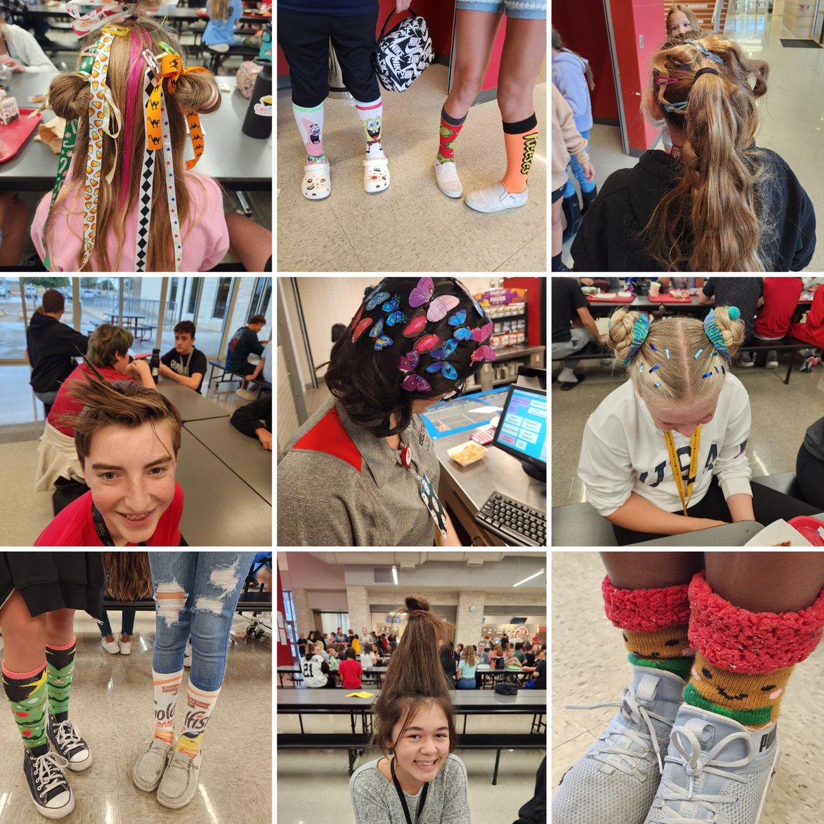 NorthBeltonMS's tweet photo. From head to toe we are drug free at NBMS! Crazy hair and socks spirit for #redribbonweek  #BeltonISD https://t.co/6z277e0VWQ
