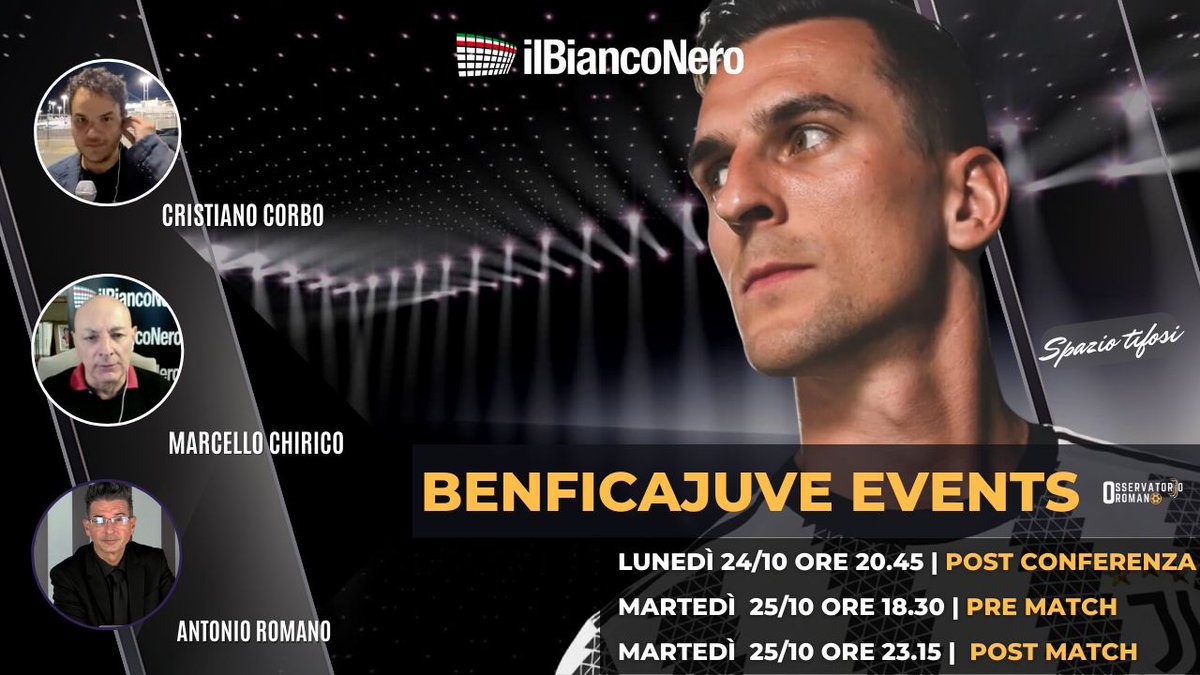 ilbianconerocom's tweet photo. Alle 20.45⏱️collegamento con @CriCor9 da Lisbona stadio da Luz 🏟️ per le news post conferenza stampa #Allegri & #ASandro alla vigilia di #BenficaJuve
Dallo studio di OR LIVE @antoniusromano
Potete vederci su:
▶️home sito
▶️canale YouTube
▶️pagina Facebook
de @ilbianconerocom https://t.co/2jR0lM4GmX