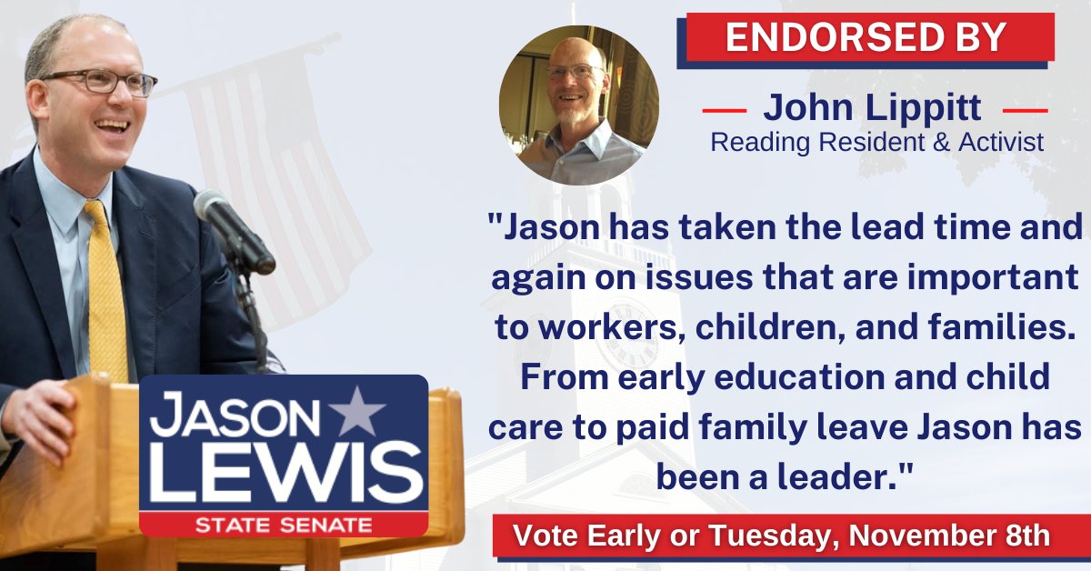 ElectJasonLewis's tweet photo. Proud to be endorsed by Reading resident &amp; activist @lippittja and honored to work with him on behalf of our district #TeamJason #DeliversResults #Reading https://t.co/Gyjpfw0G3l
