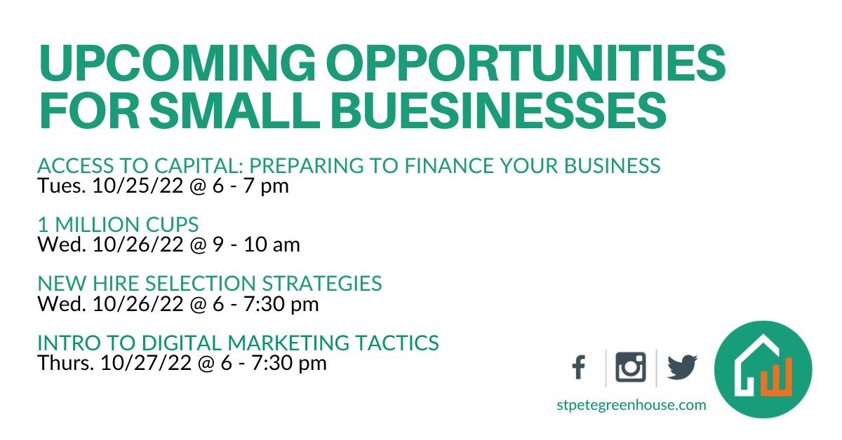 Ready to grow your biz? Join us this week for the following opportunities to connect and thrive in our local community!

▶️ Access to Capital
▶️ 1 Million Cups
▶️ New Hire Selection Strategies 
▶️ Intro to Digital Marketing for Small Biz

Learn more: stpetegreenhouse.com/events