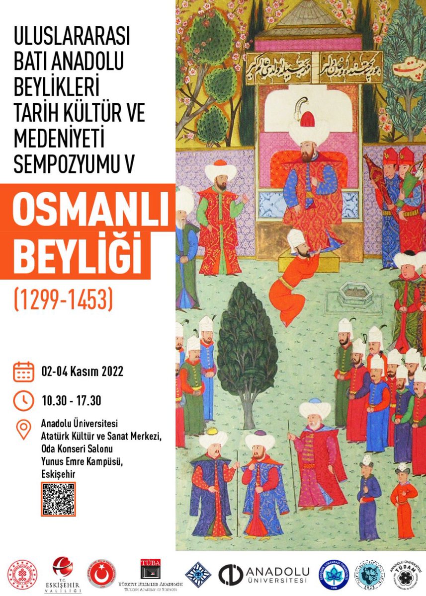 Anadolu Üniversitesi’nin ev sahipliğinde 02-04 Kasım 2022 tarihinde Osmanlı Beyliği Sempozyumu düzenleniyor.. afiş üzerindeki barkottan programı görebilirsiniz.. destekleri için <a href="/ttkgovtr/">Türk Tarih Kurumu</a>, <a href="/TUBAakademi/">TÜBA</a> , <a href="/eskvaliligi/">T.C. Eskişehir Valiliği</a>, <a href="/EsoguWeb/">ESOGU</a>’e teşekkür ederiz..
<a href="/Anadolu_Univ/">Anadolu Üniversitesi</a> <a href="/ProfFuatErdal/">Fuat Erdal</a>