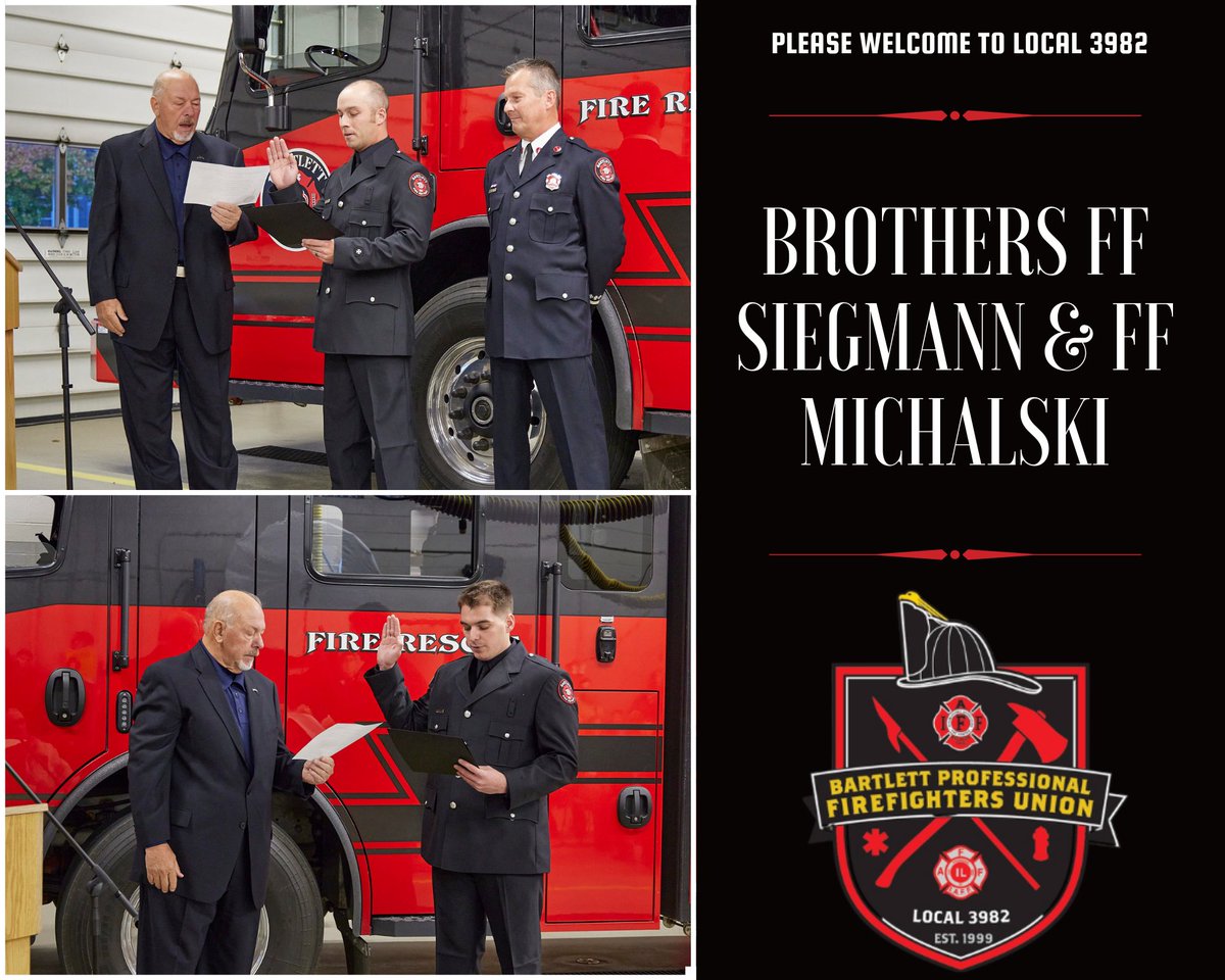 Local 3982 would like to congratulate our newest candidates on being sworn in as full time Firefighter/Paramedics with the Bartlett Fire District!

Please welcome: FF Michalski &amp; FF Siegmann

@affi1935
@bartlettfire
#bartlettlocal3982
