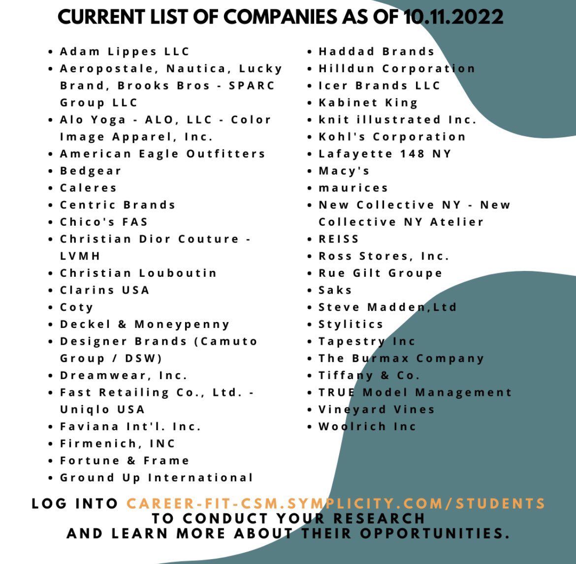 Current List of Companies as of 10/11/2022 for the CIS Career Fair

For more information go to the CSJB:  career-fit-csm.symplicity.com
 <a href="/FIT_artdesign/">School of Art & Design</a>, <a href="/FITBSU/">💜FIT Black Student Union💜</a>, <a href="/FITAlumni/">FIT Alumni</a> <a href="/FITStudentGov/">FIT Student Gov</a>, <a href="/StudentLife_FIT/">StudentLife_FIT</a>, <a href="/FITtigers/">FIT Athletics</a>