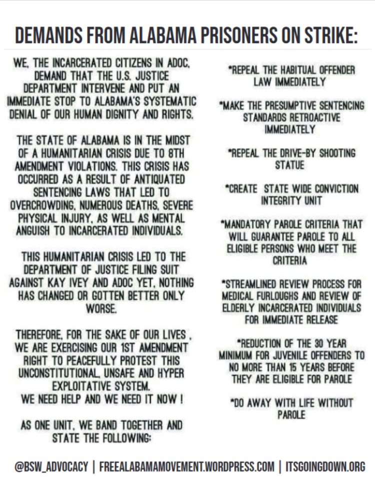 organizediron17's tweet image. Leveraging this tweet to amplify the #AlabamaPrisonerStrike over inhumane slavery conditions.

Follow @FREEALAMOVEMENT  and @BSW_Advocacy for more localized info.

I stand in solidarity. Prisoners deserve human rights. There is no justice in a for-profit criminal legal system.