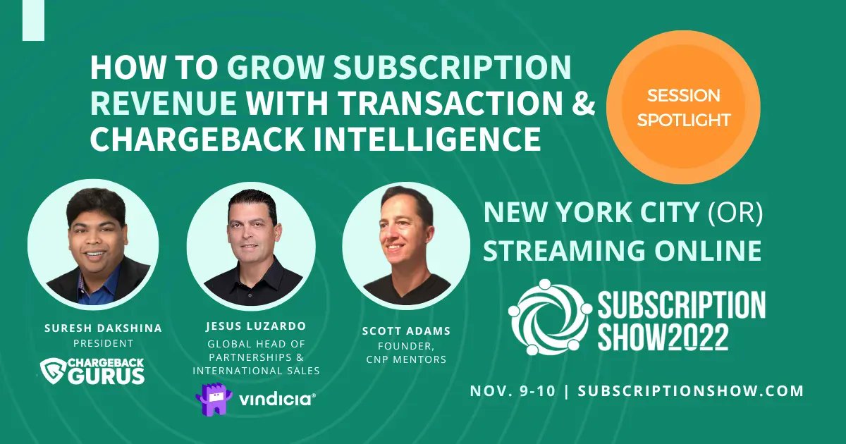 SubInsider's tweet photo. Only 3 WEEKS to go! At #SubShow22, Nov. 9-10, you'll hear from experts @suresh_dakshina of @ChargebackGurus, @JesusL65 of @Vindicia & Scott Adams of CNP Mentors on utilizing chargeback intelligence to its full potential. Register now: https://t.co/e7zuTh4w4P
#SubscriptionShow22 https://t.co/ic5r444S70