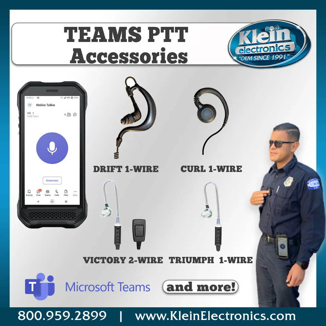 KleinElectronic's tweet photo. We offer many push-to-talk accessories for those on the Microsoft Teams Walkie-Talkie Application. Keep your team hands-free and improve productivity with a rugged Klein PTT Earpiece. #kleinelectronics #MicrosoftTeams #TeamsWalkieTalkie #POC #PTT #PushToTalk #PTTOverCellular https://t.co/BvQC92jUjR