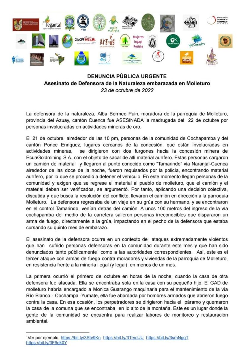 CepamGuayaquil's tweet photo. 🆘DENUNCIA PÚBLICA | Asesinato de Alba Bermeo Defensora de la Naturaleza embarazada

Denunciamos la omisión e inacción del Gobernador del Azuay, Matías Abad, que a pesar de conocer las amenazas, no tomo medidas para proteger a defensoras y evitar el asesinato de Alba Bermeo.
🧵 https://t.co/SlPr8Tdwhb