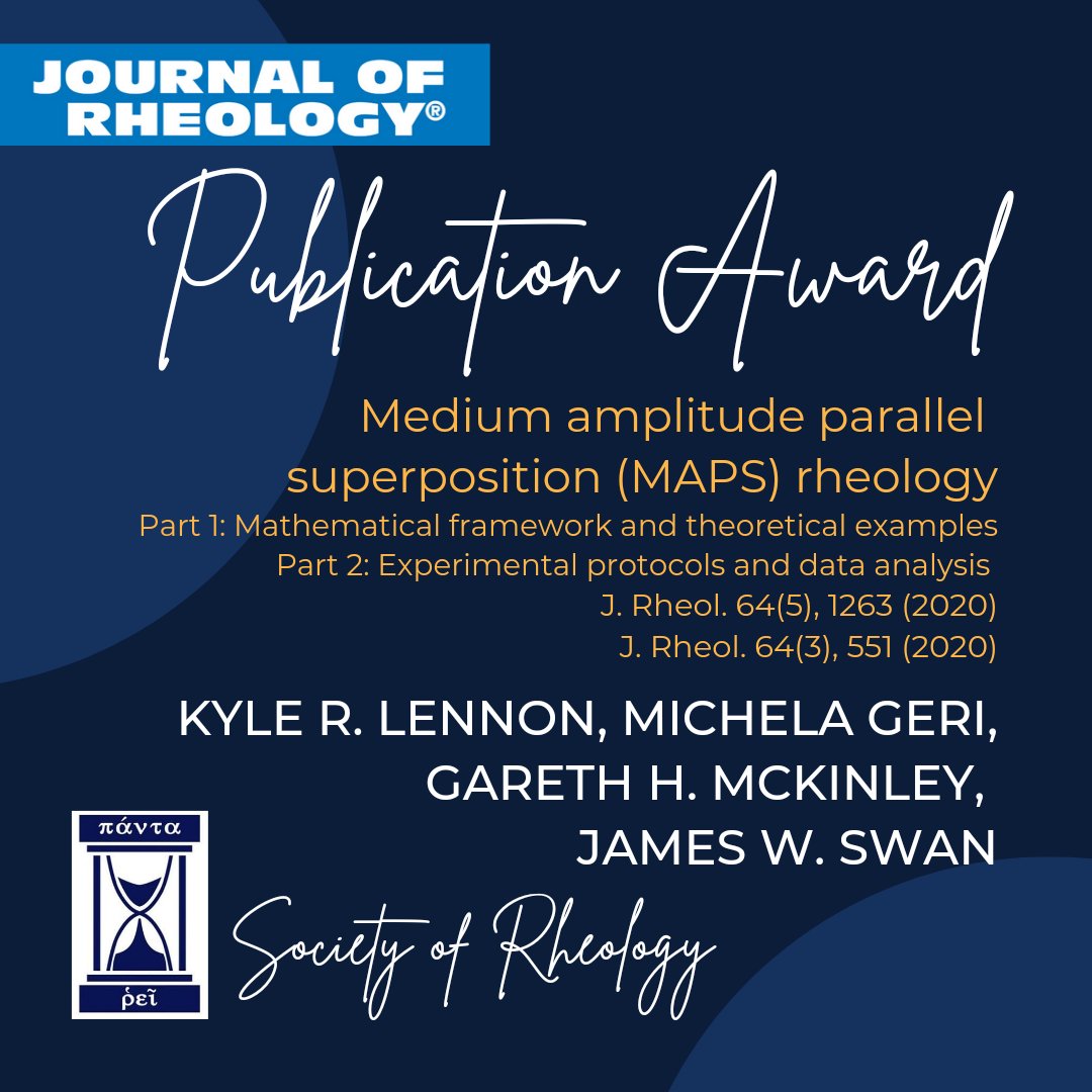 Earlier this month, lecturer and MechE alum Michela Geri PhD '19 (left), @MITChemE student Kyle Lennon, @garethmckinley (right), and the late Prof. Jim Swan won a Best Paper Award from @SoRheology for their work, 'Medium amplitude parallel superposition (MAPS) rheology.' #SoR2022