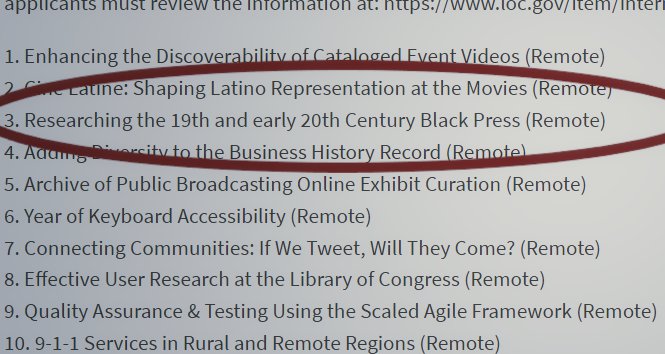 I spy a PAID REMOTE internship RESEARHING the 19&amp;20C Black Press for <a href="/ChronAmLOC/">Chronicling America Historic Newspapers</a> 
Open to undergrad and graduate students. This is an awesome opportunity and relates to the newspaper titles described here: blogs.loc.gov/headlinesandhe…
Application details here:
usajobs.gov/job/684718500
