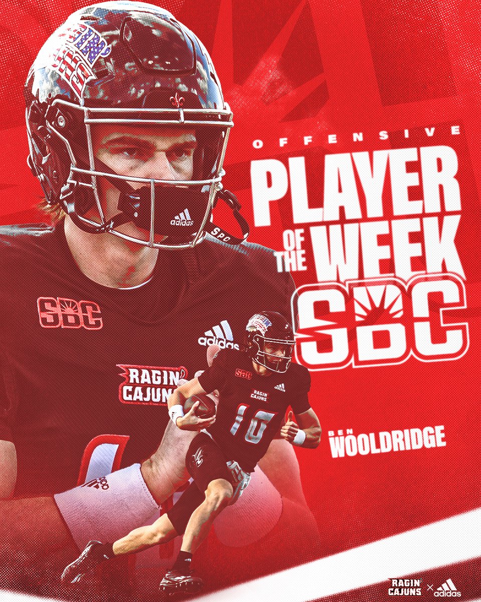 RaginCajunsFB's tweet photo. 𝙊𝙛𝙛𝙚𝙣𝙨𝙞𝙫𝙚 𝙋𝙊𝙏𝙒

After his five touchdown perfomance, @Bwool8 is crowned the @SunBelt Offensive Player of the Week!

#GeauxCajuns | #SunBeltFB https://t.co/LNJlC4KoMz