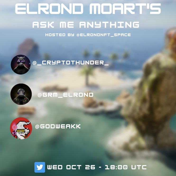 Elrond MOARTโs ๐๐ฟ (@elrondmoarts) on Twitter photo Good evening Moartโs ๐ฟ
This Wednesday at 6PM UTC, we will be live with @ElrondNFT_Space to show you the progress of Moartโs project and our goals.
We will also be there to answer your questions !๐ฟ๐
Thanks to @GRM_Elrond, <a href="/_CryptoThunder_/">Cryptoโก๏ธThunder</a> and @godweakk for the invite ! Good evening Moartโs ๐ฟ
This Wednesday at 6PM UTC, we will be live with @ElrondNFT_Space to show you the progress of Moartโs project and our goals.
We will also be there to answer your questions !๐ฟ๐
Thanks to @GRM_Elrond, <a href="/_CryptoThunder_/">Cryptoโก๏ธThunder</a> and @godweakk for the invite !
