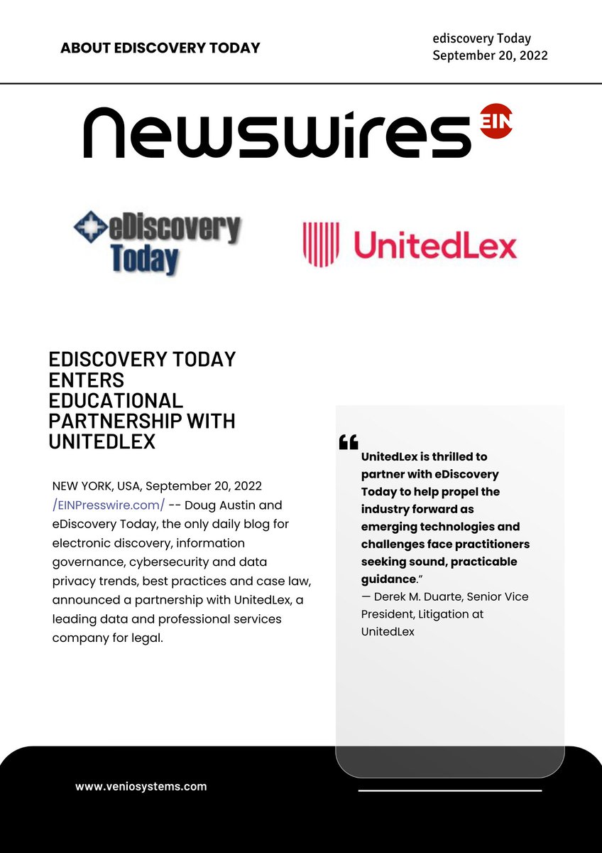 Exciting news for the industry!

UnitedLex and eDiscovery Today have announced a new partnership. 

Read more here: veniosystems.info/3MNjzse

#VenioSystems #UnitedLex #eDiscoverytoday #partnership #news