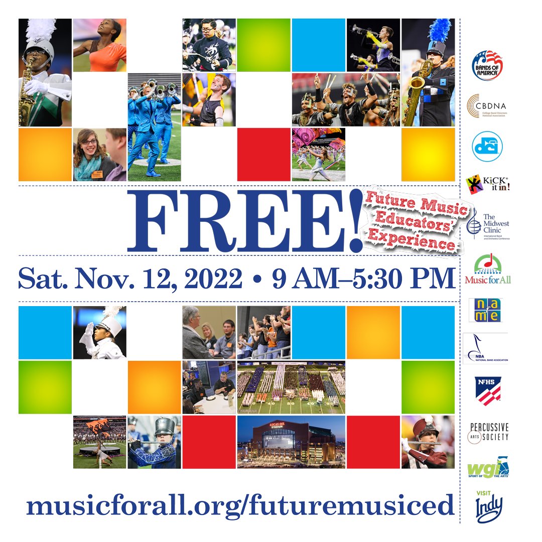 See marching bands from across the United States for free with the Future Music Educator Experience at Grand National Championships Semifinals. #boa2022 #marchboa marching.musicforall.org/futuremusicedu…