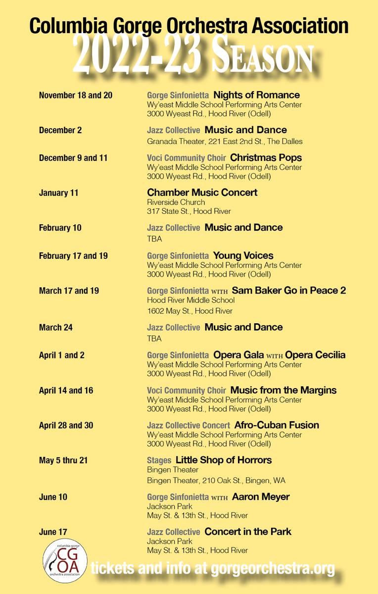Gorge_Orchestra's tweet photo. Get ready for a GREAT SEASON OF BEAUTIFUL MUSIC to please everyone. Look over the schedule and plan ahead! Better yet, become a member! Membership starts at $30 for seniors/students. Tickets are $25 or $15 for members. Go to https://t.co/diQafm8fMl and join us! https://t.co/hAUGumysNb