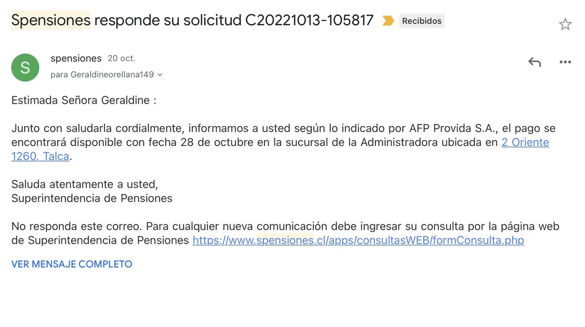 Geraldinechaps's tweet photo. @AFP_Provida  nuevamente no cumple con los plazos , según me indicó @Superpensiones el pago del cheque estaría listo este viernes 28 de octubre me comunico con afp próvida para confirmar y salen con que no pueden confirmarme una fecha exacta de disponibilidad del cheque https://t.co/E4zOungDJ7