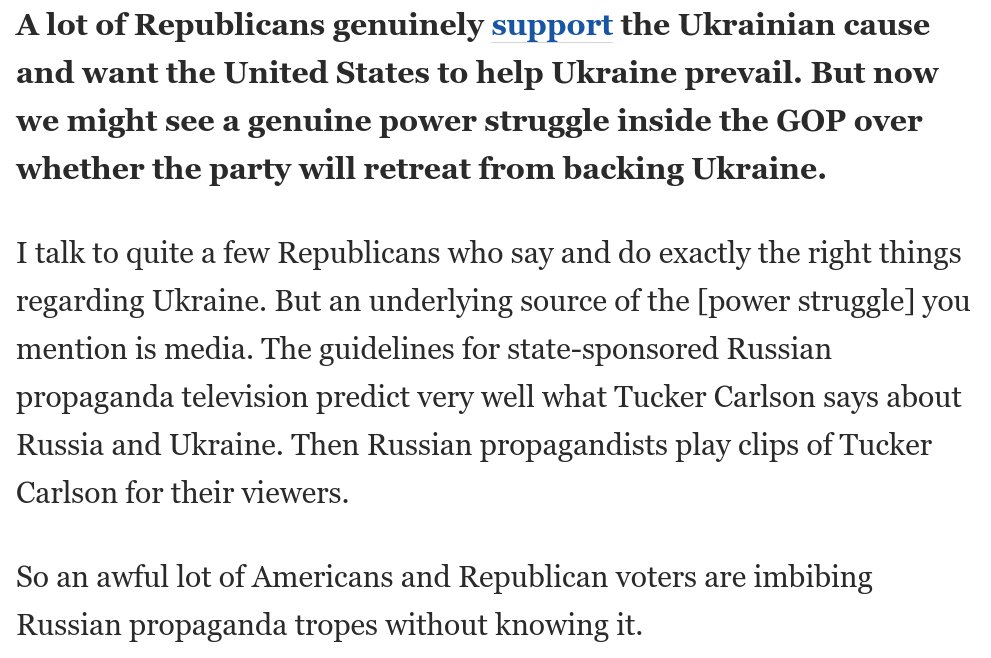 We talked about the possibility of a power struggle inside the GOP between pro-Ukraine and pro-Putin Republicans. Snyder explains why a big, big factor here is Tucker Carlson: washingtonpost.com/opinions/2022/…
