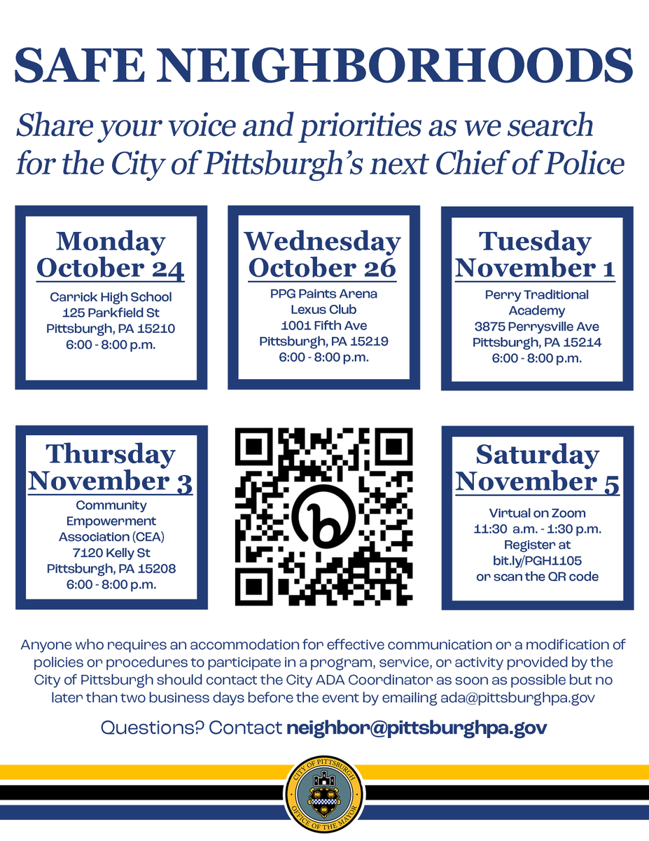 gainey_ed's tweet photo. CommUnity. Starting tonight, and for the next two weeks, my administration will host five community meetings about @Pittsburgh's search for our next Chief of Police.

Please join us to share your voice and priorities — together we can make this the safest city in America. https://t.co/G67hhWrrVG