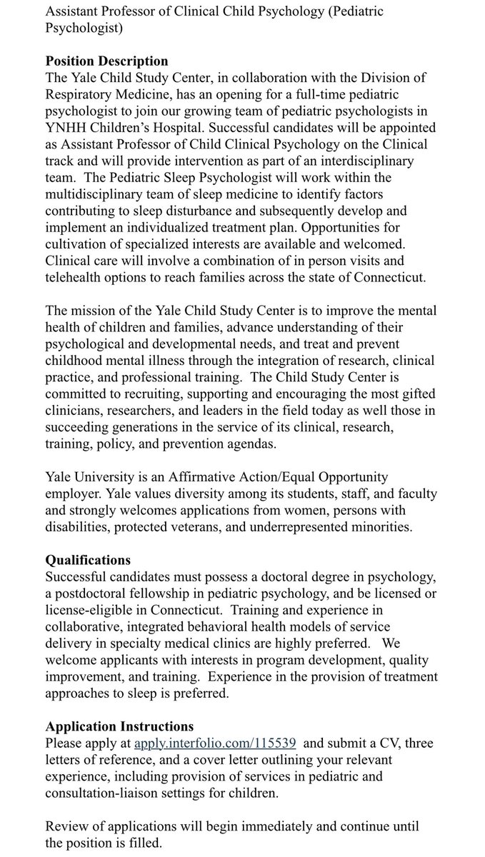 Excited to announce our new Pediatric Sleep Psychologist faculty position through @YaleCSC and @YaleMed! Come join our growing #pedspsych team! @DrCanapari