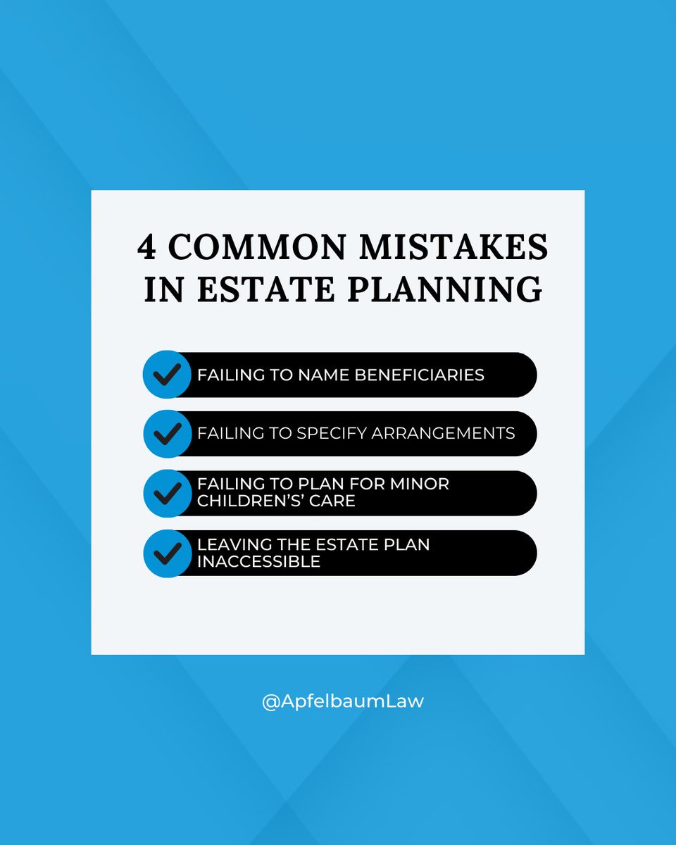 amlawfl's tweet photo. The term “estate” not only refers to one’s property, but also all assets, legal rights, and net worth. 

If you are considering estate planning, avoid these common mistakes.

Are you ready to discuss your estate plan? Call or message us today to schedule a consultation. https://t.co/HC7GRwWqLZ