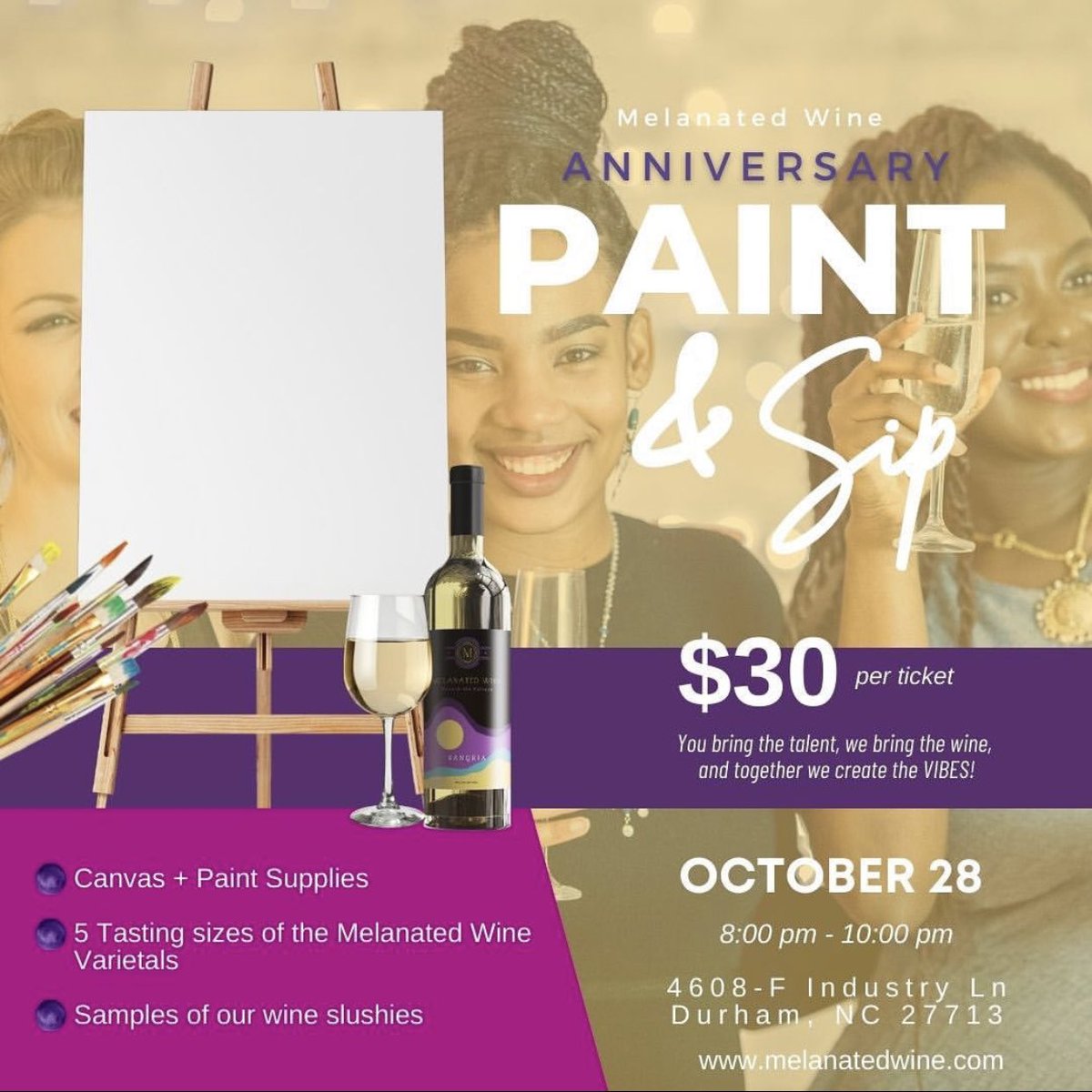 MelanatedWine's tweet photo. We are day’s away from a fun filled weekend @MelanatedWine #paintandsip 🎨 #HalloWine 1 yr Anniversary Party 🎃🍷👻 and our final #Brunch for #October catered by @bigcwaffles tickets and information available at https://t.co/zuzH22Unuc #uncorktheculture @DurhamChamber @DurhamNC https://t.co/3qHBBETyYo