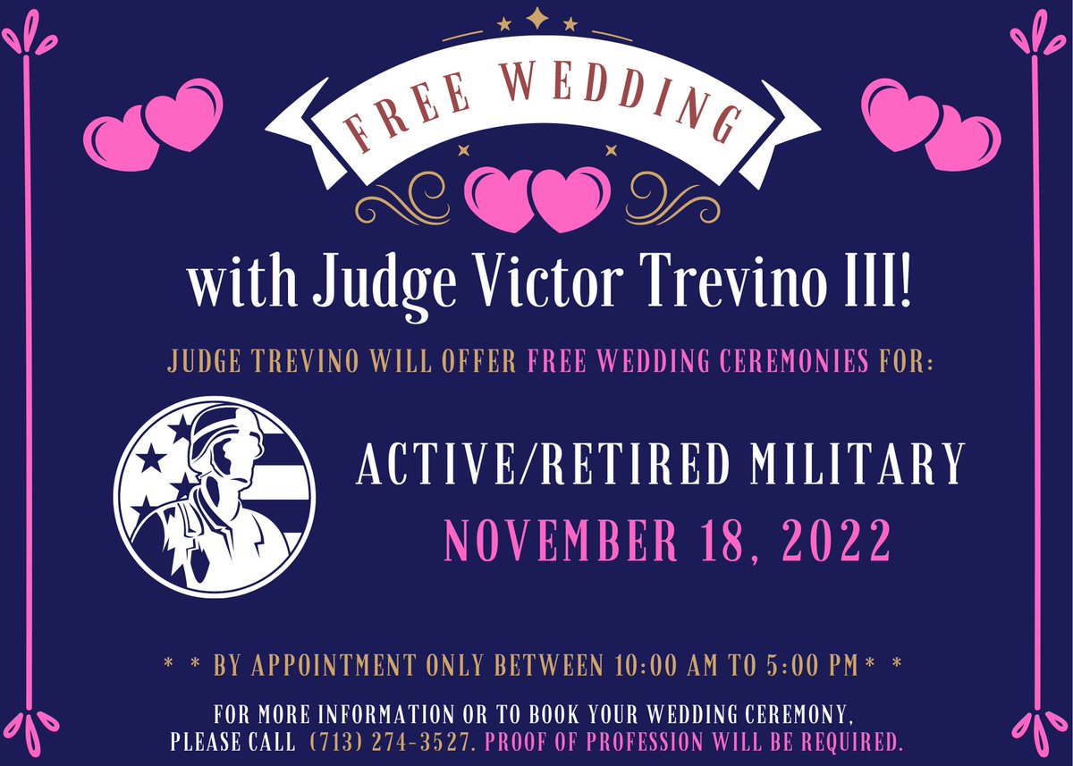 JudgeTrevinoIII's tweet photo. 💒 FREE WEDDING 💒
Free weddings are back!!!
If you and your partner are planning on getting married and either one of you are active or retired military, sign up to get married for FREE by me on Friday, November 18, 2022! ❤️🇺🇸
#FreeWedding #SupportOurTroops https://t.co/RXn96FyNRY