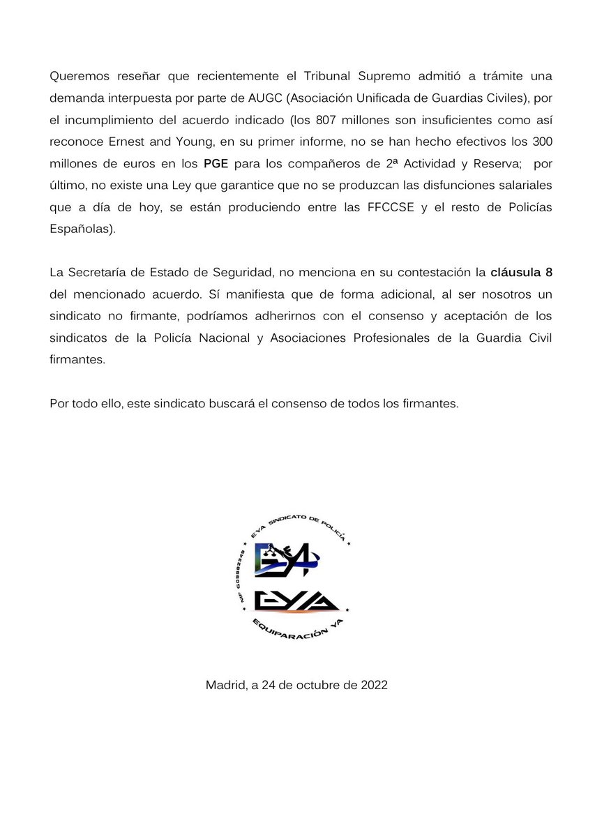 EYAPolicia's tweet photo. Recibimos contestación de la Secretaría de Estado de Seguridad  del @interiorgob sobre nuestra petición a la adhesión al acuerdo publicado en el BOE n° 69 de 20/3/2018

#EquiparacionYa #FFCCSE⚖️
#Cláusula8ª2018 https://t.co/rJ7gf8JJVd