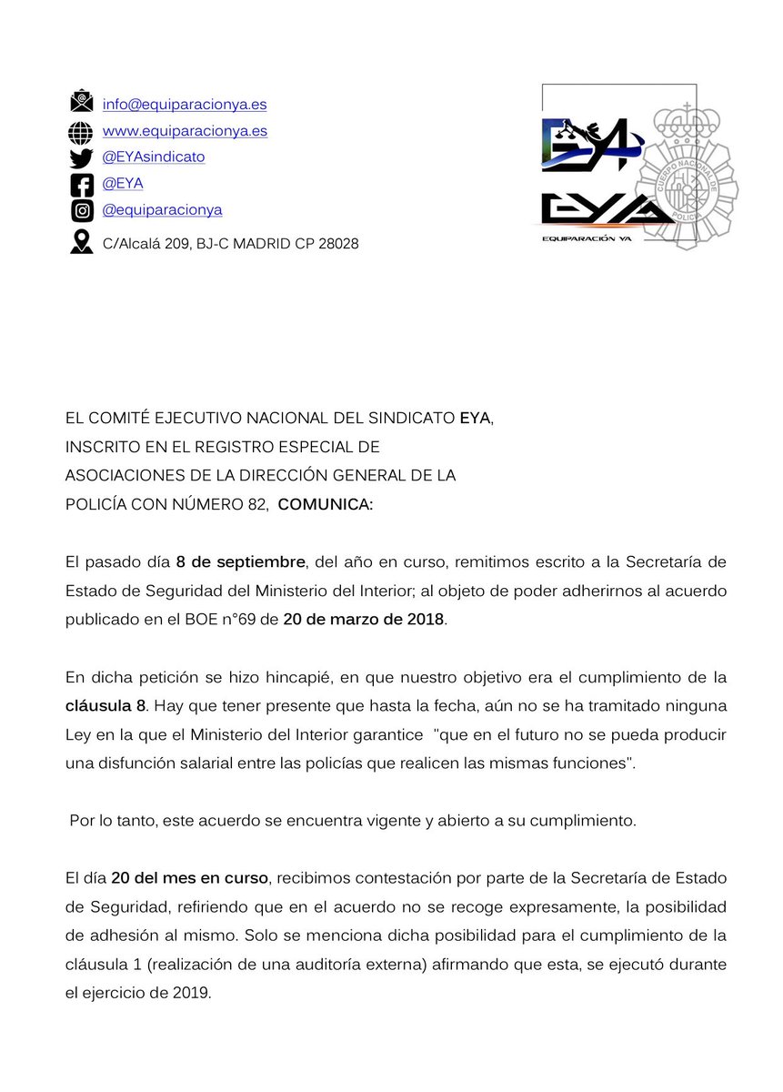 EYAPolicia's tweet photo. Recibimos contestación de la Secretaría de Estado de Seguridad  del @interiorgob sobre nuestra petición a la adhesión al acuerdo publicado en el BOE n° 69 de 20/3/2018

#EquiparacionYa #FFCCSE⚖️
#Cláusula8ª2018 https://t.co/rJ7gf8JJVd