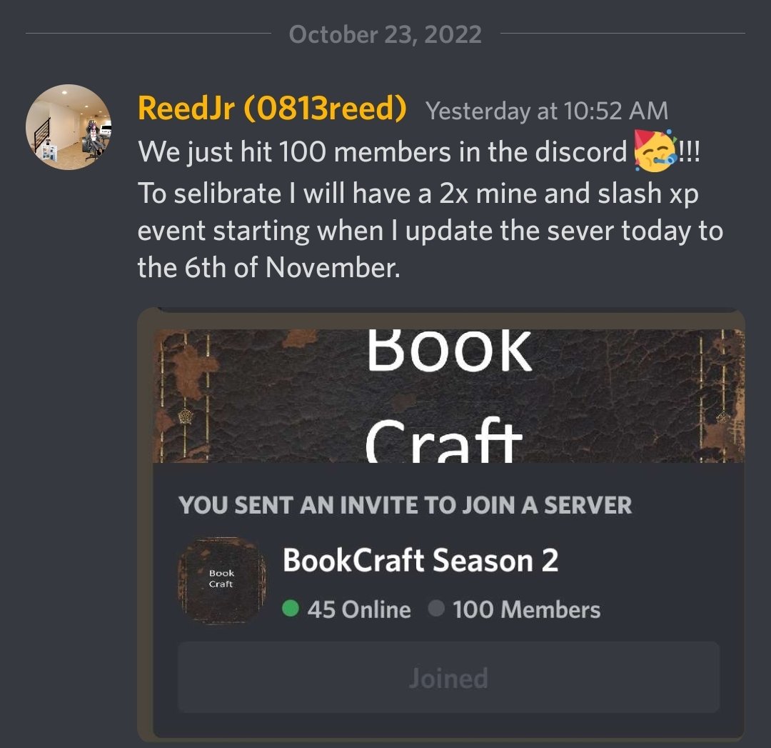 ReedJr401k's tweet photo. I know that we his this milestone yesterday but I want to remind you all that we are doing a 2x mine and slash xp event un till the 6th of November.
Bookcraft Discord: https://t.co/KPUrsVzfxl
#minecraft 
#moddedminecraft
#bookcraft https://t.co/68q0UsMulZ