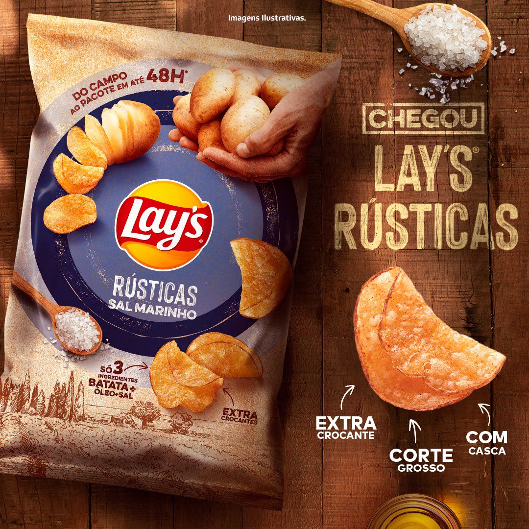 LAY'S®️ Rústicas é extra crocante, feita com batata de verdade, cortada com casca e em fatias grossas. Experimente esta novidade que vai do campo ao pacote em até 48h* *Esse prazo se aplica a cerca de 90% do volume total.