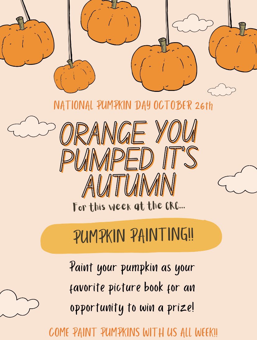 Join us this week for our spooktacular pumpkin painting! Decorate a pumpkin as your favorite picture book to be entered to win a prize. Can’t wait to see you in the CRC 🎃 #ElonEd