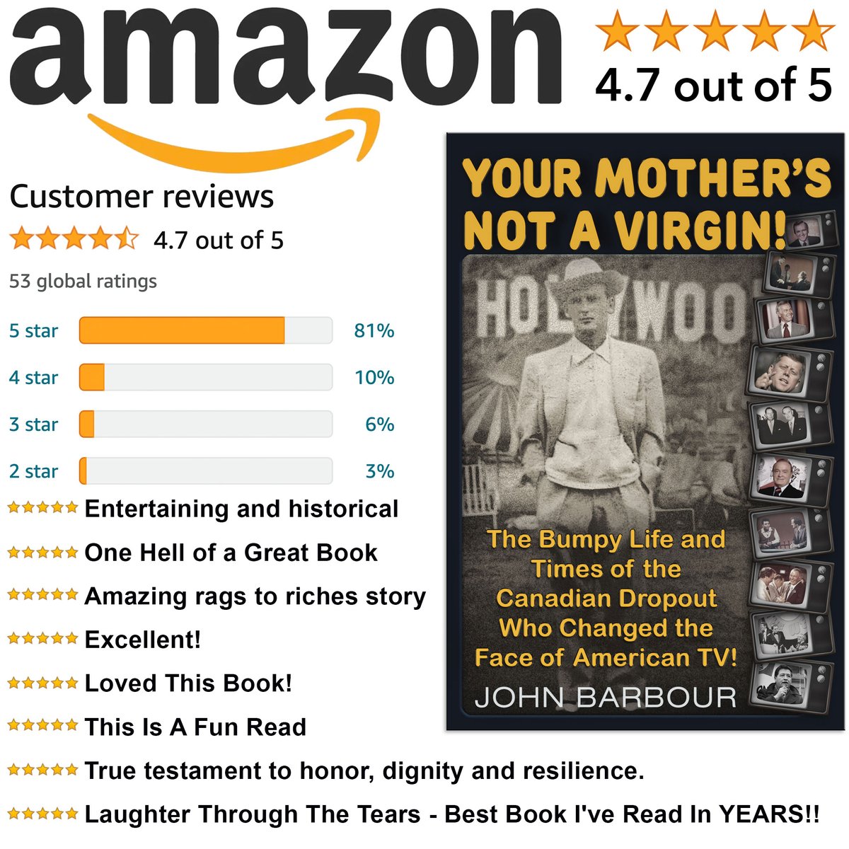 📕 YOUR MOTHER'S NOT A VIRGIN! 📕

The 1st in America to do film reviews on the news, winning 3 consecutive Emmys as KNBC’s Critic-At-Large, &amp; much more! In this highly entertaining autobiography, readers will discover a multifaceted storyteller. 

amzn.to/3GBI5If