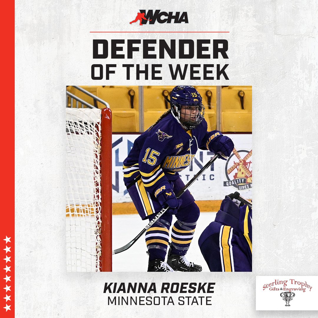 WCHA_WHockey's tweet photo. Big weekend for this freshman blueliner as she earns the first WCHA award of her career. 

Kianna Roeske of @MinnStWHockey scored her first career goal, leading to a two-point weekend! https://t.co/2KjMSksUvv
